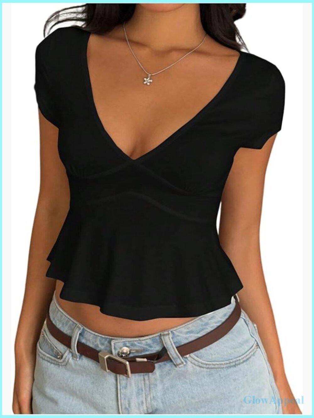 Summer Crop Top Peplum V-Neck Short Sleeve T-Shirt Y2K Going Out